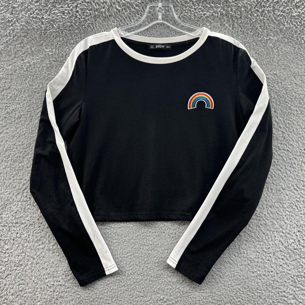 Shein Crop Top Women's Medium Black Rainbow Patch Long Sleeve Cropped Top